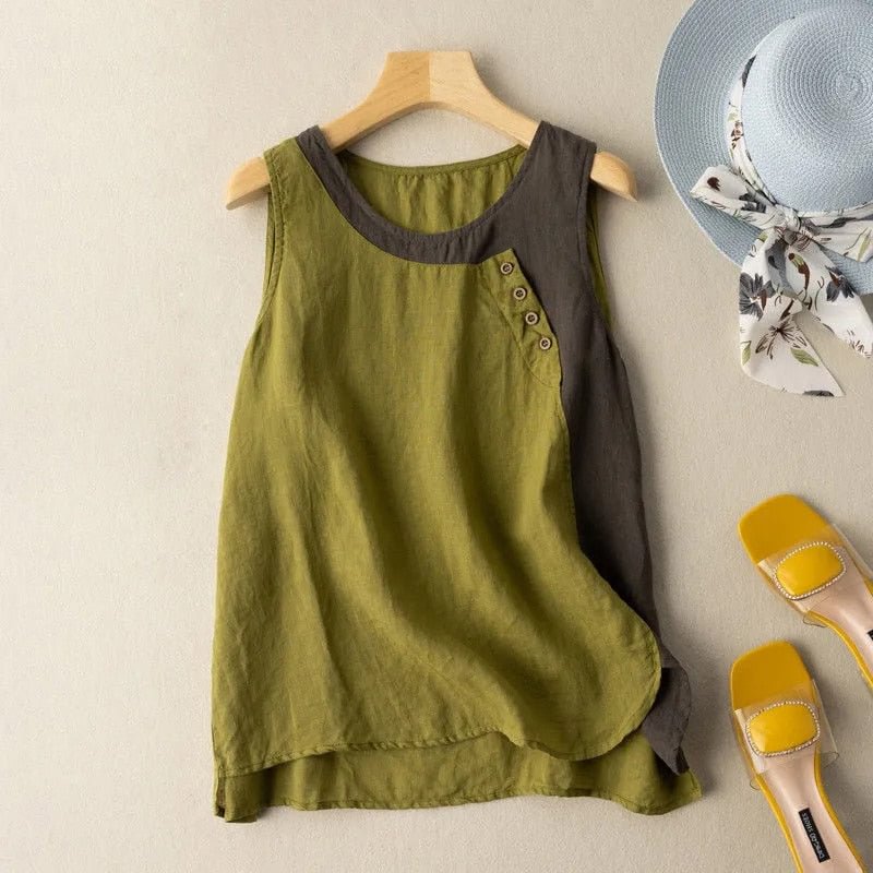 Cotton and linen vest women's large size 2021 summer new fashion design sense color matching loose casual retro pullover top