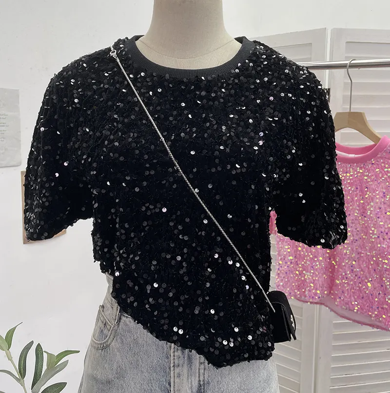 Nigikala Nigikala Sequin Short Sleeve T-Shirt 2025 Spring And Summer Korean Version Of Loose Night Club Bling Top 9088