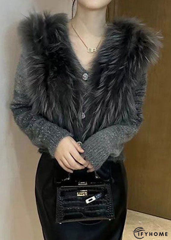 Art Grey V Neck Fur Collar Cotton Knit Sweater Winter | IFYHOME