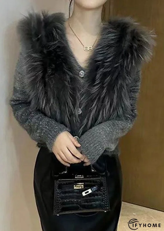 Art Grey V Neck Fur Collar Cotton Knit Sweater Winter | IFYHOME