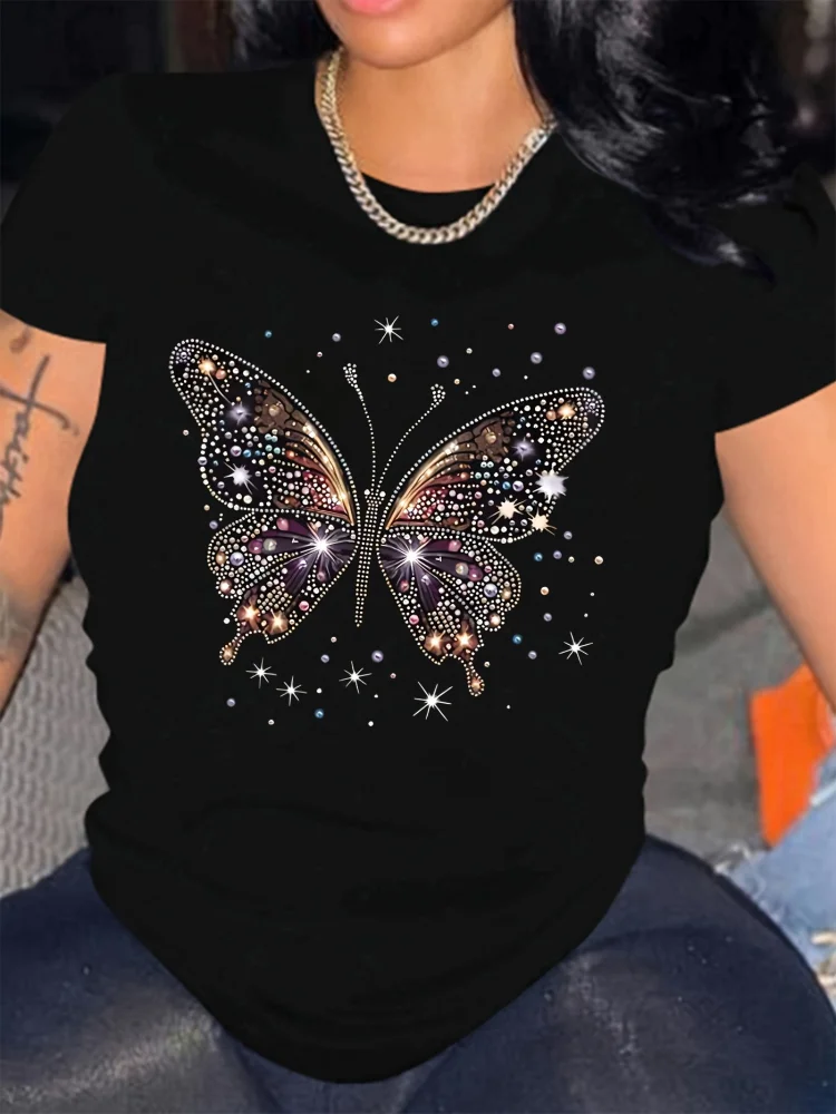 Women's Black Short-Sleeve T-Shirt - Soft Breathable Fabric, Machine Washable, Casual Comfort Fit With Geometric Print, Lightweight Top For Spring/Summer Daily & Party Wear, Butterfly Motif Tee, Durable Print Shirt