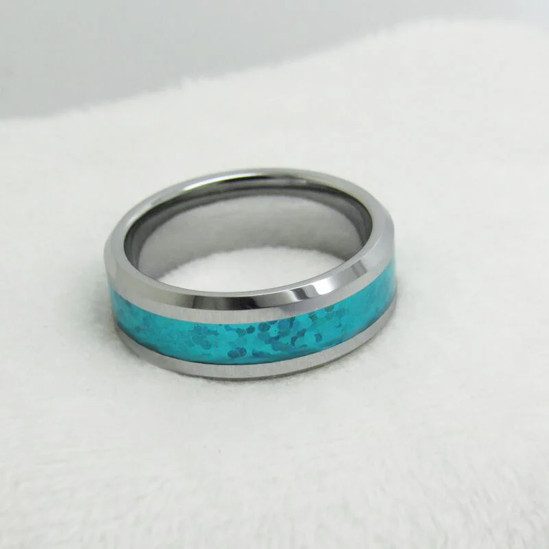 8MM Silver Tungsten Carbide Imitation Blue Opal Inlay Mens Women Wedding Band Rings Comfort Fit High Polished