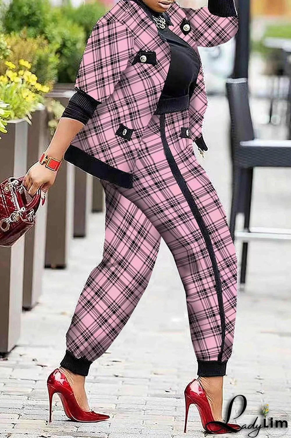 Pink Fashion Casual Print Patchwork Long Sleeve Two Pieces