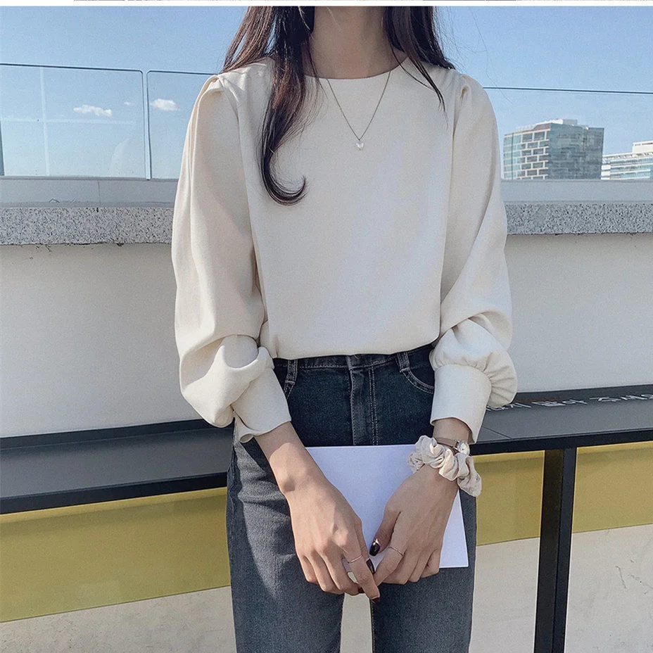 Puff sleeve Top Blouse Women Elegant Chiffon Tee Shirt O neck Autumn Spring 2021 New Korean Fashion