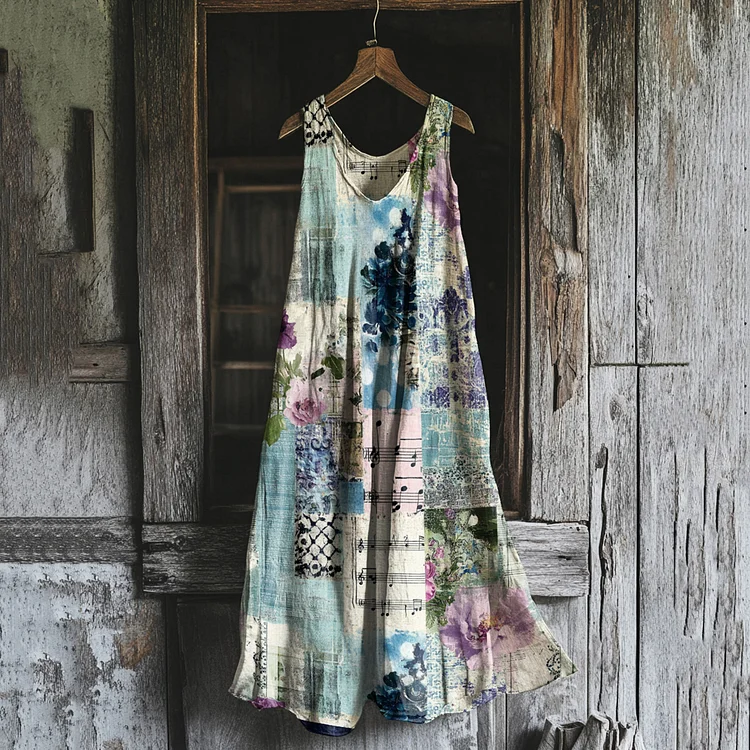 Vintage Floral Patchwork Loose Linen Blend Tank Dress