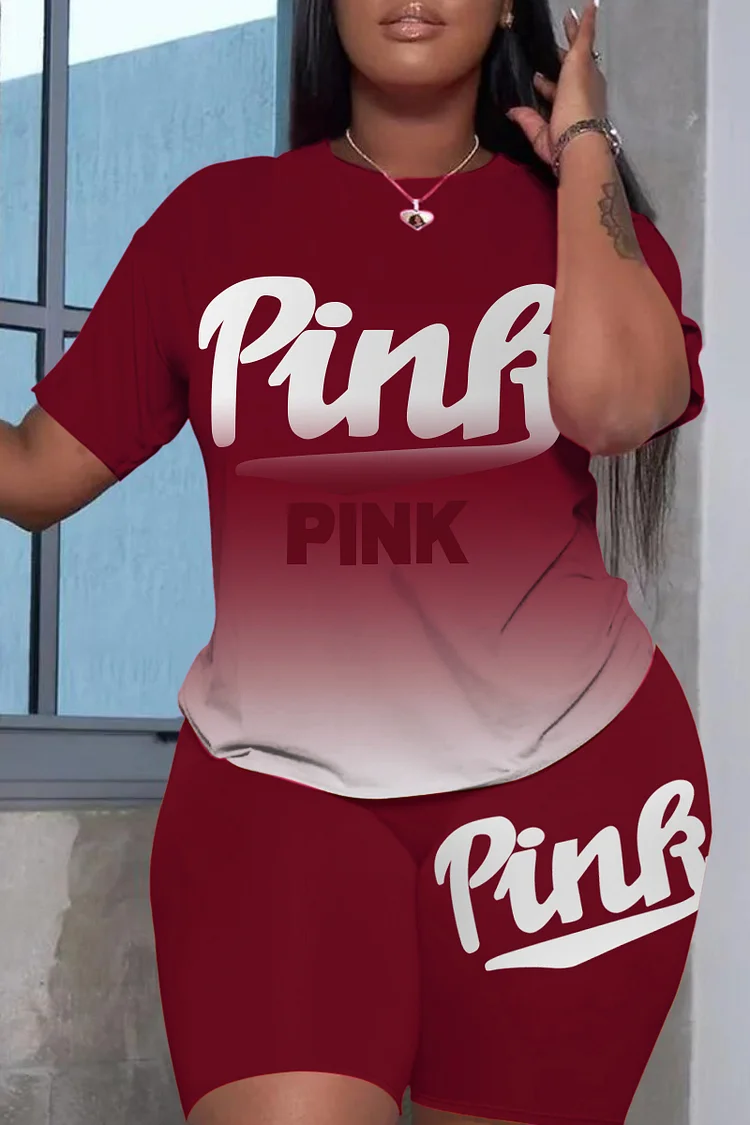 Red Fashion Casual Gradual Change Letter Print Basic O Neck Short Sleeve Two Pieces