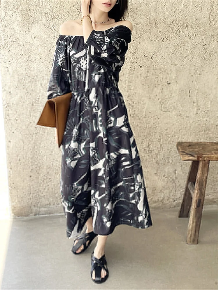 Elegant Loose Elastic Round Neck Abstract Flower Printed Half Lantern Sleeve Dress Fashion     