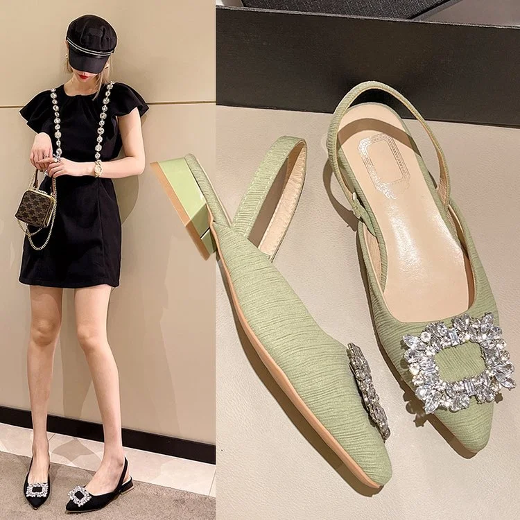 Wongn Wongn Summer New Fashion Rhinestone Square Buckle Tip Baotou Flat Sandal Women's Shoes