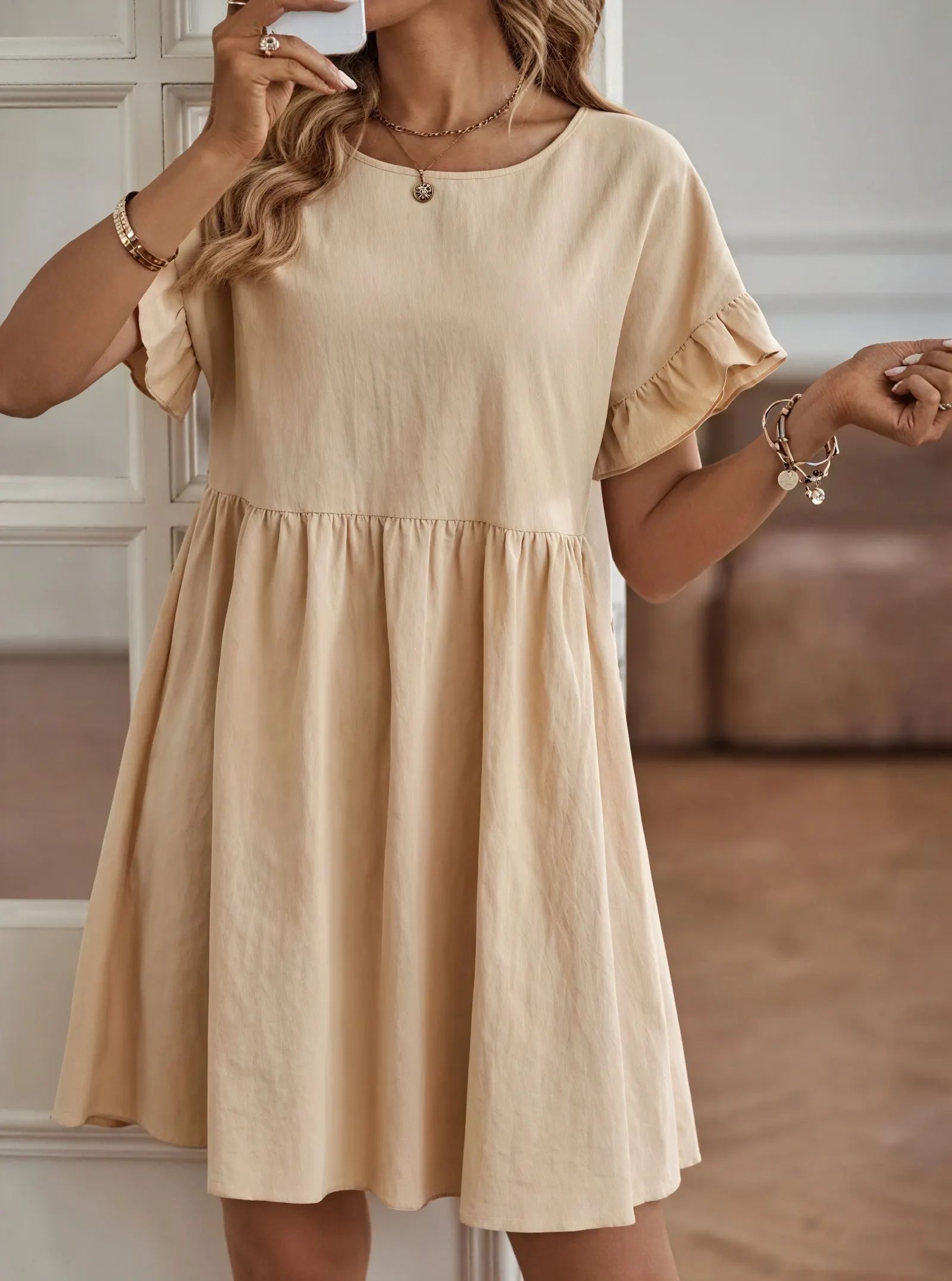 Damen Kleid – A-Linie, Rüschenärmel, Tailliert, Casual Stil-82588-04e874b0-3b16-4c7d-b8c2-bba915c3dfa5