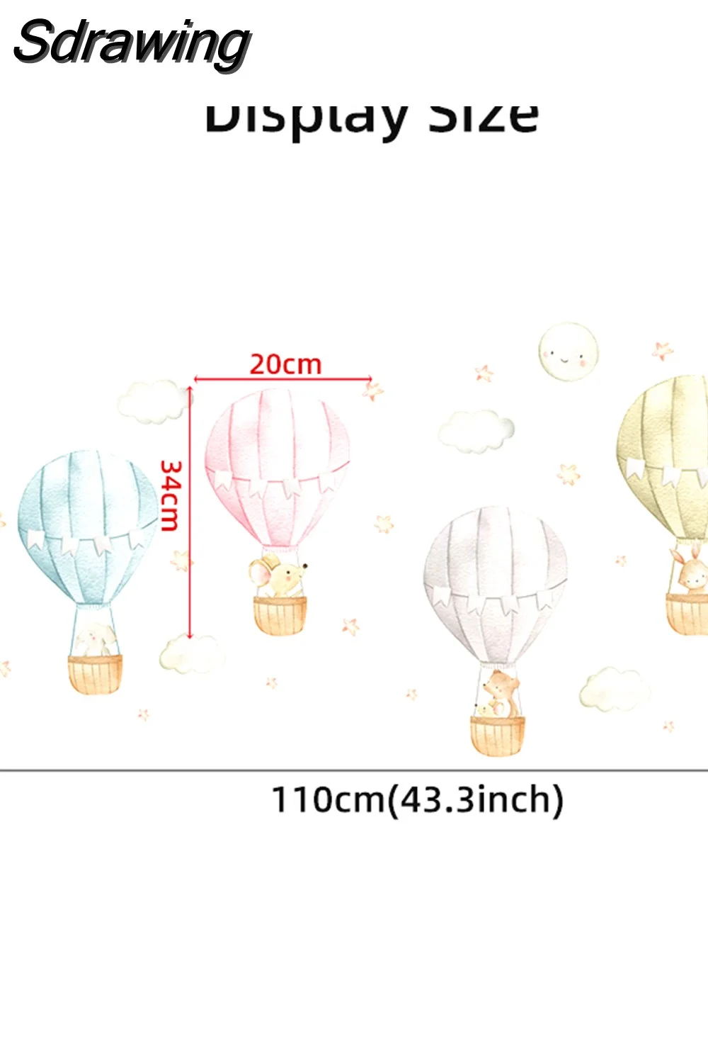 Sdrawing Animals Hot Air Balloon Clouds Wall Stickers Blue Color for Kids Room Baby Nursery Room Wall Decals Boy Room Stickers