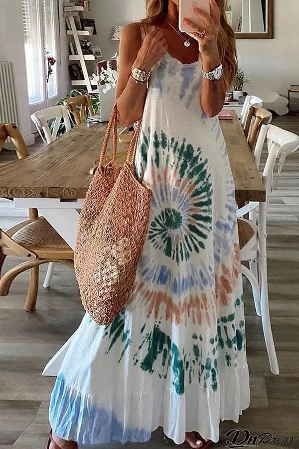 Tie-dye Sleeveless Flared Long Dress