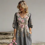 Bohemian Style Plant Flower And Butterfly Pattern Embroidery Women's Cotton And Linen Dress - Image 4