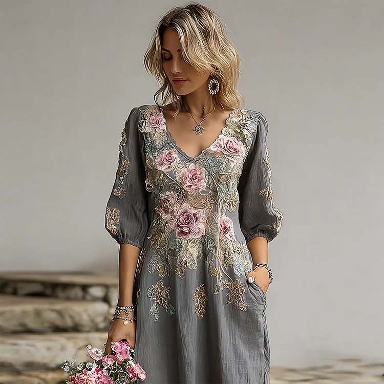Bohemian Style Plant Flower And Butterfly Pattern Embroidery Women's Cotton And Linen Dress