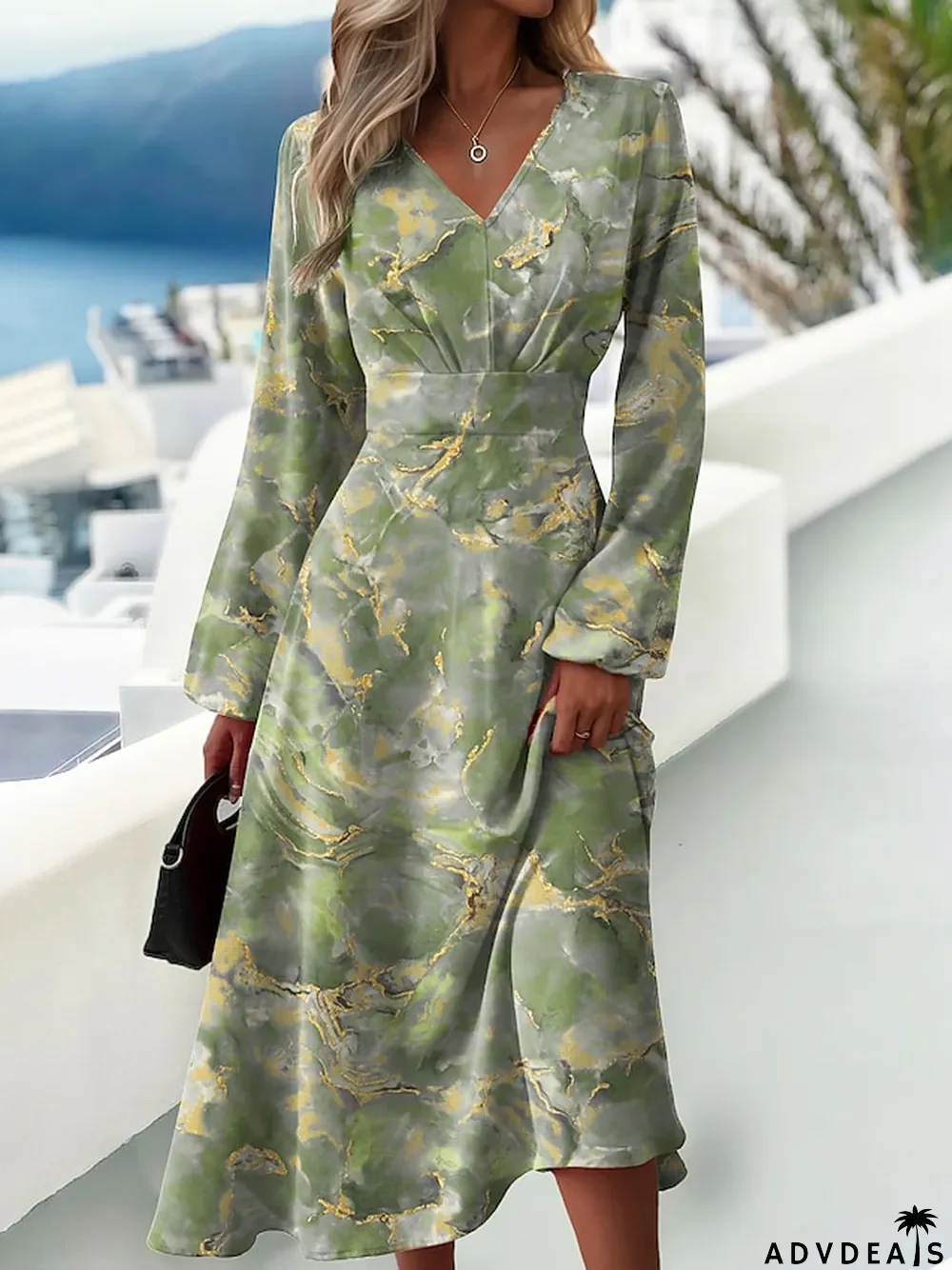 Women's Print Dress Spring\u00a0Dress Graphic Abstract Print V Neck Midi Dress Active Fashion Outdoor Daily Long Sleeve Regular Fit Blue Purple Green Spring Fall S M L XL XXL