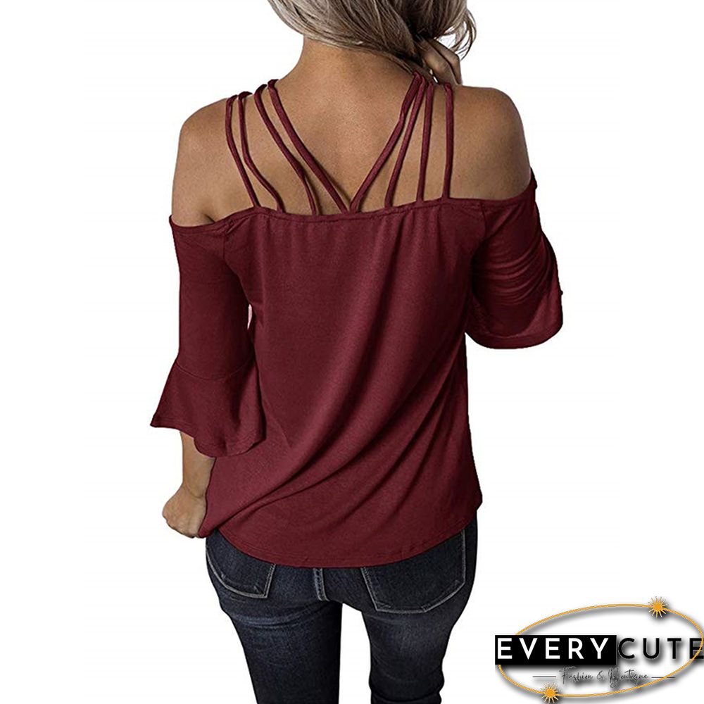 Wine Red Off Shoulder Bell Sleeve Top
