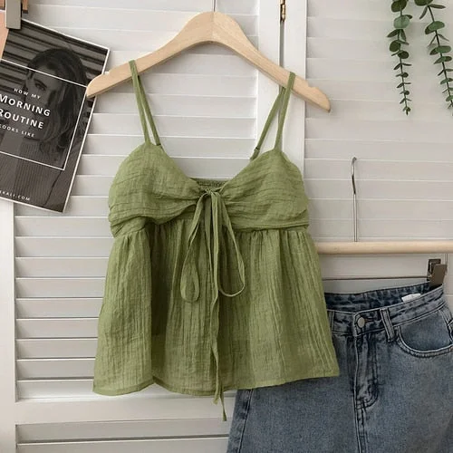 Wongn Summer New Korean Style Sweet Crop Tops All-Match Bow Tie Sleeveless Short Mesh Outer Wear Spaghetti-Strap Camisole Top 703-1