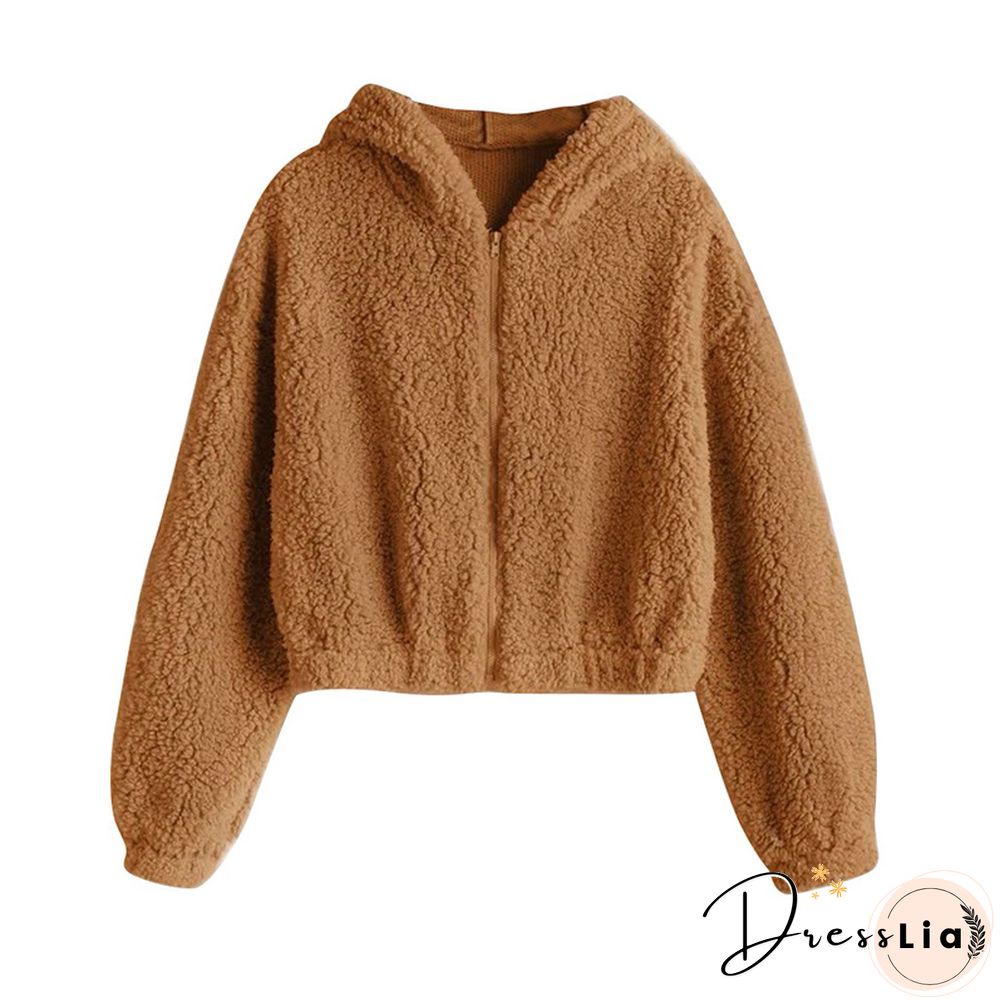 Women Sweatshirt Solid Zipper Long Sleeve Fluffy Plush Sweatershirt Hoodie Tops Women's Hoodie