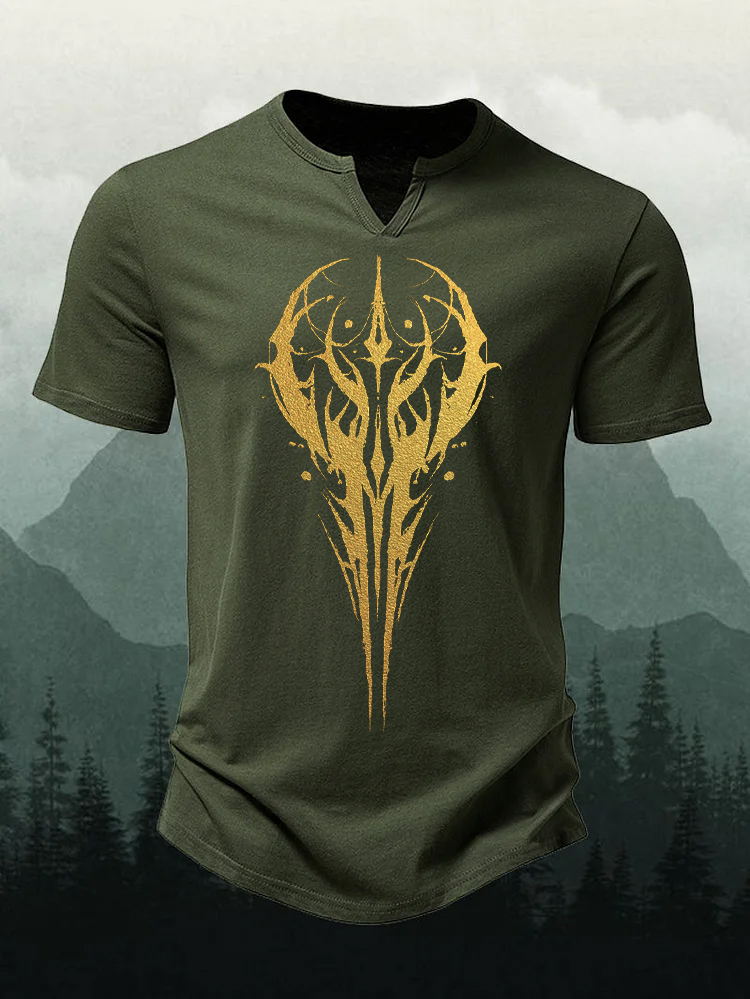 Men's Golden Dragon Print Short Sleeve V-neck Shirt
