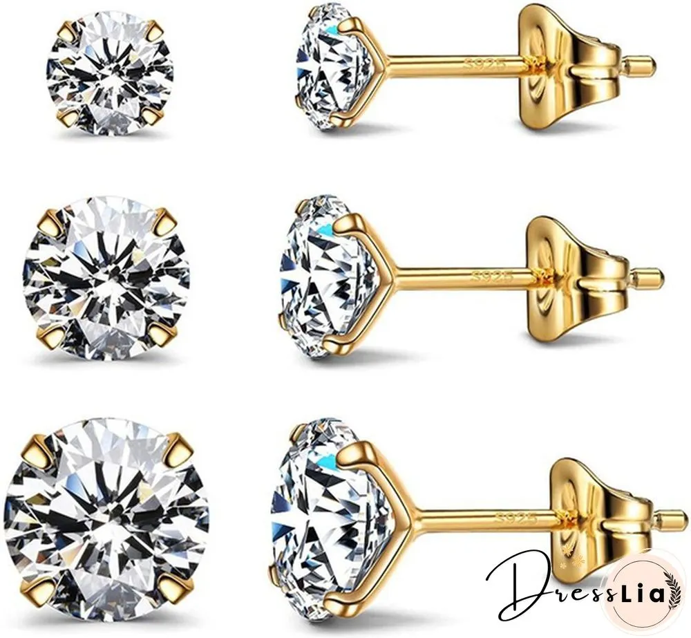Pairs Stud earrings 925 sterling silver plated round cubic zirconia hypoallergenic set