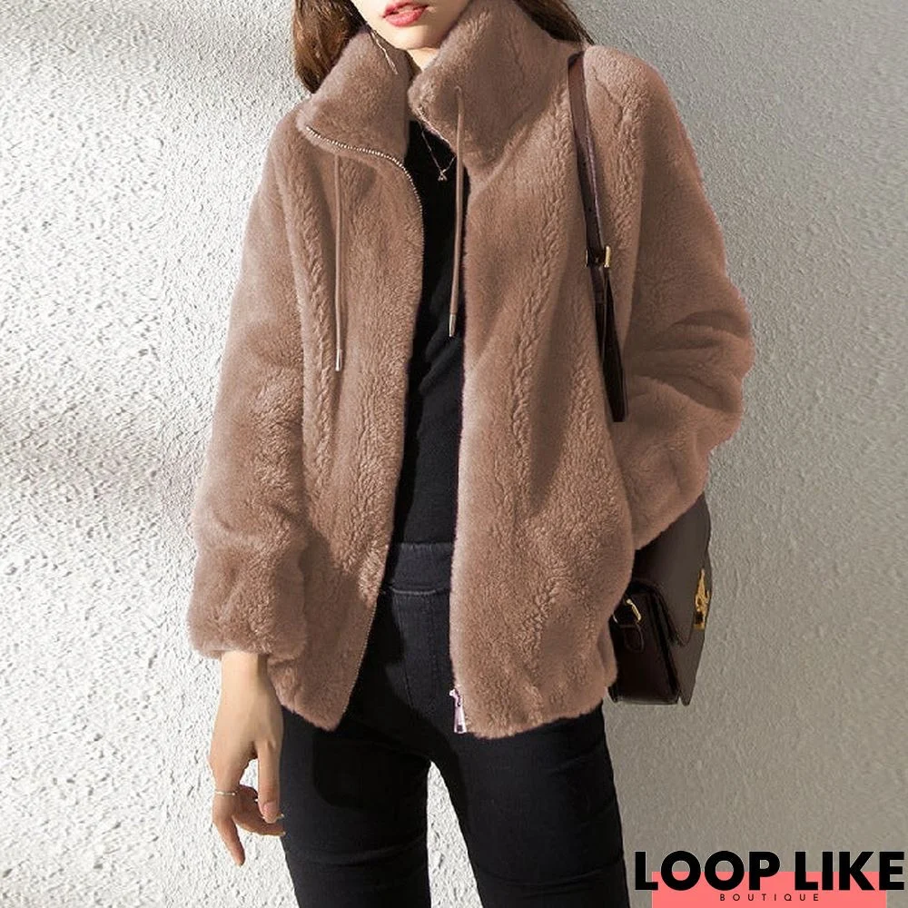 Autumn and Winter Stand Collar Cardigan Women's Coat