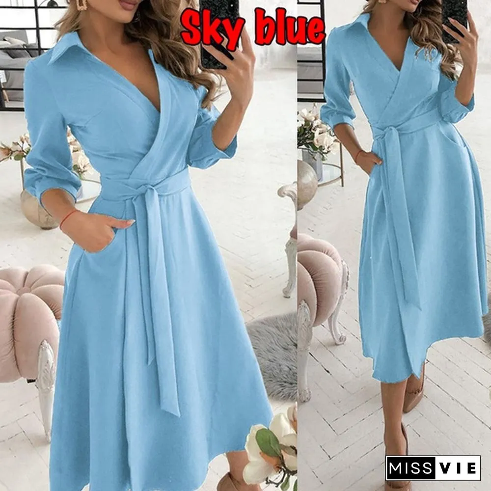 Fashion V-Neck Print Dress-SummerCasualBeltLacePartyLinePromLongSleeveLadiesTunic