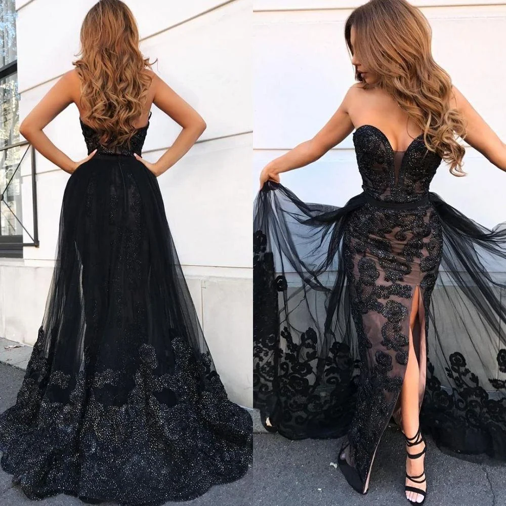 Sweetheart Long Lace Evening Dress Split With Ruffles PD0882