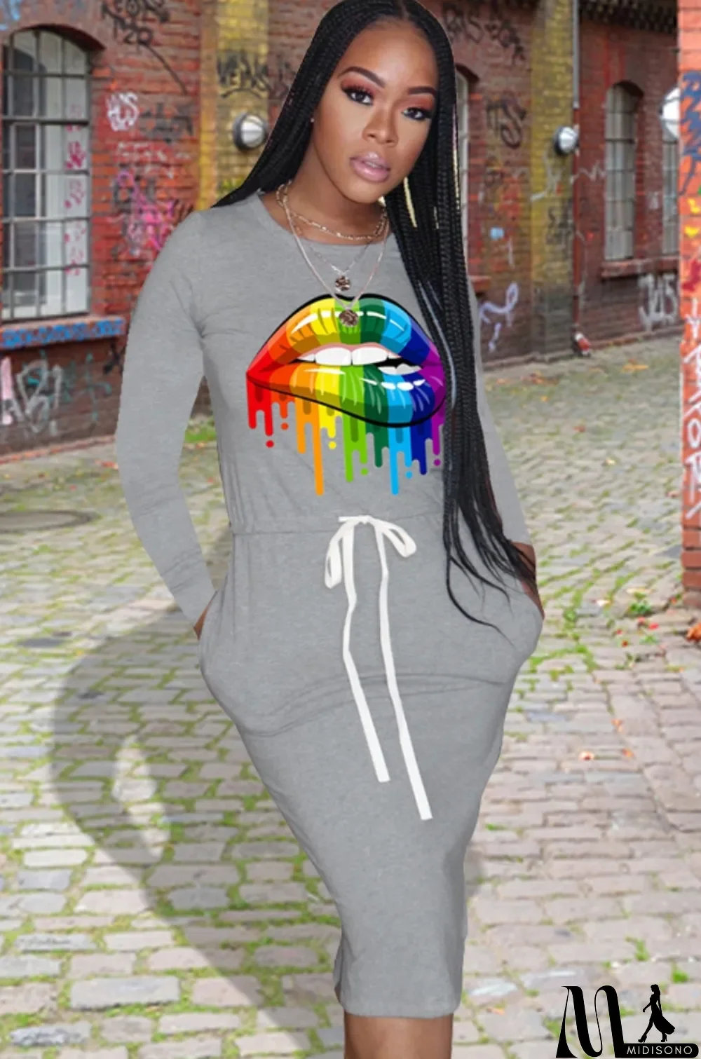 MidiSono - Autumn Lip Print Drawstrings Grey O-Neck Shirt Dress