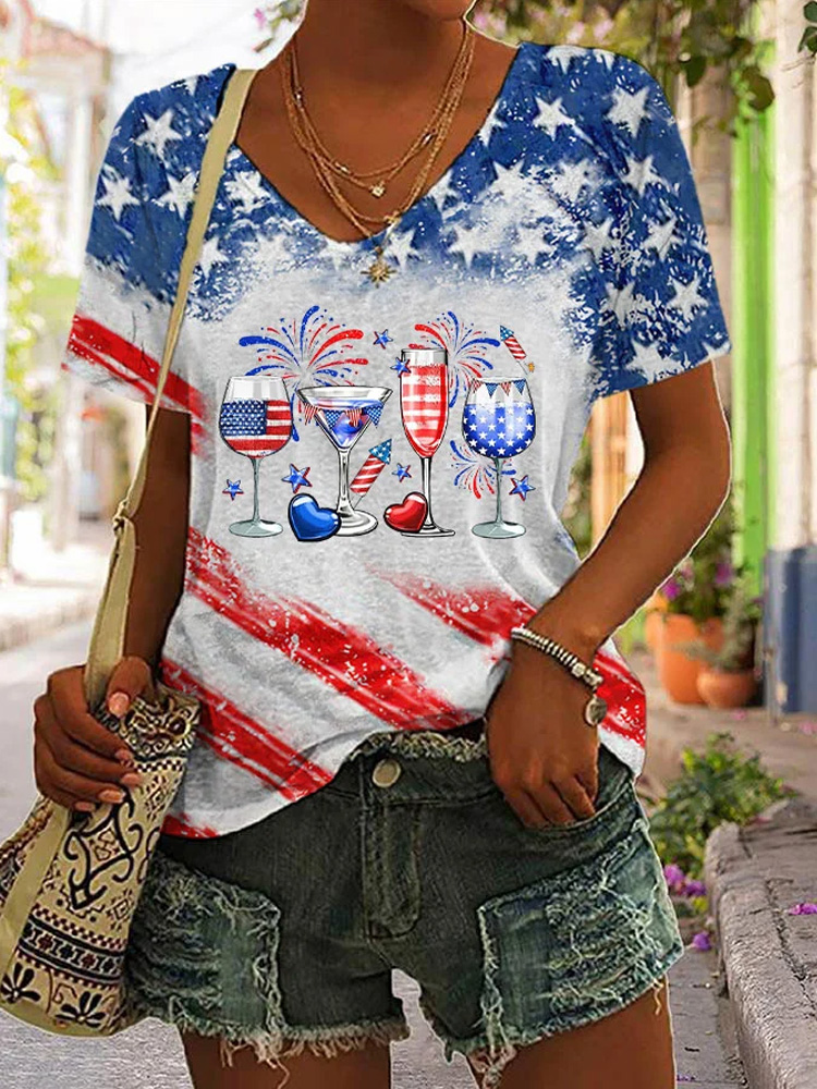 Comstylish Women's Independence Day Red Wine Glass Flag Print V-Neck T-Shirt