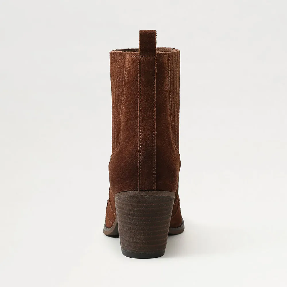 Fashion Brown Vegan Suede Pointed Toe Pull On Stitching Cowgirl Boots