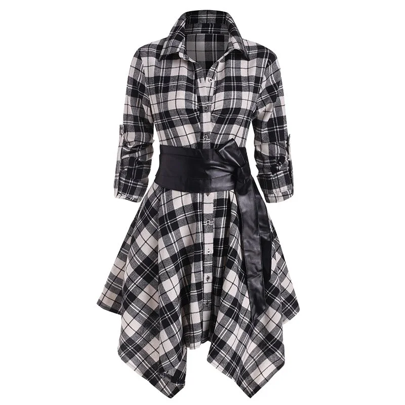 Women's Autumn New Long-sleeved Plaid High-waist Slim Dress