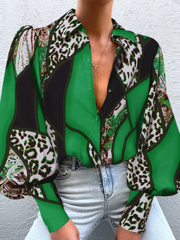 Geo Leopard Print Lapel Long Sleeve Women Shirt SKUI48549 QueenFunky