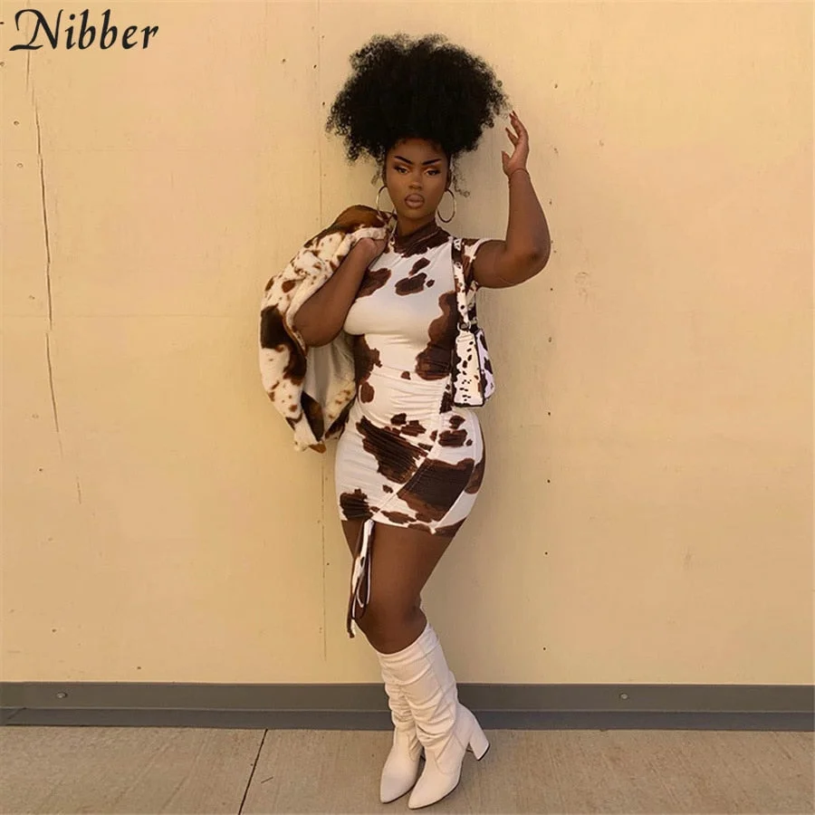 Nibber Aesthetic Printed Stacked Bodycon Dress Women Chic Drawstring Club Mini Dress 2021 Stretch Activity All-Match Streetwear