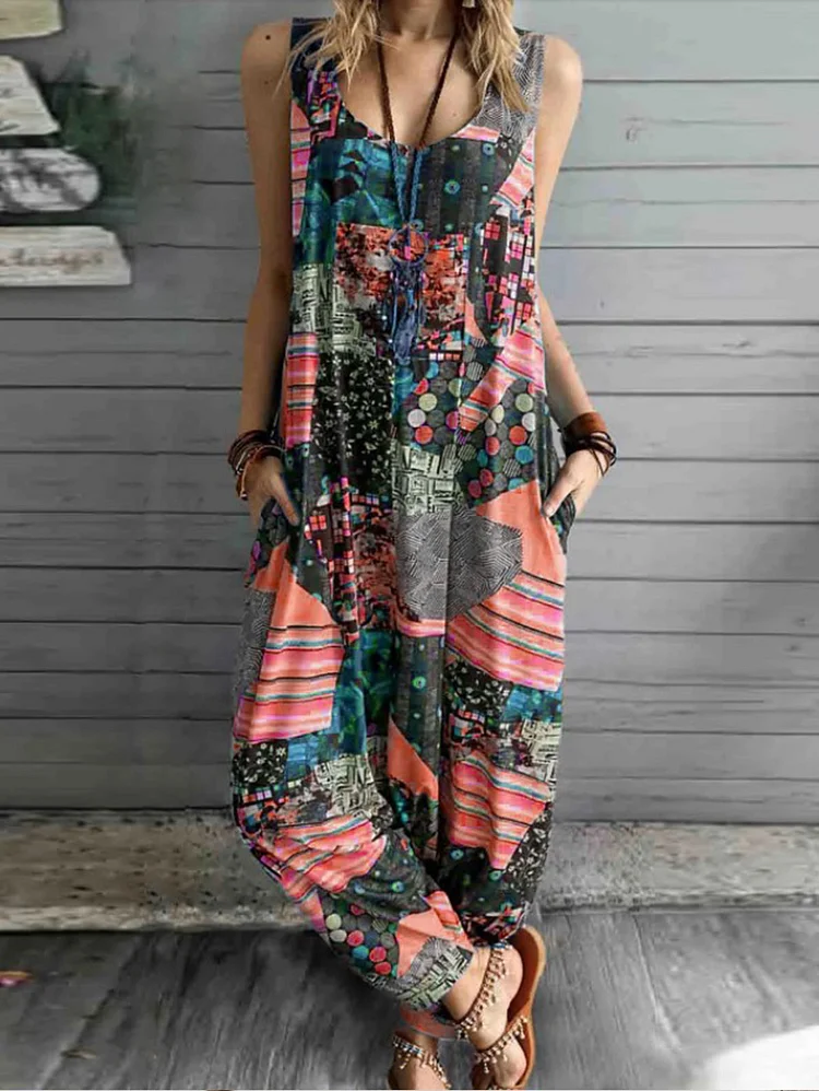 Casual Scoop Neck Mixed Print Sleeveless Loose Cami Jumpsuit