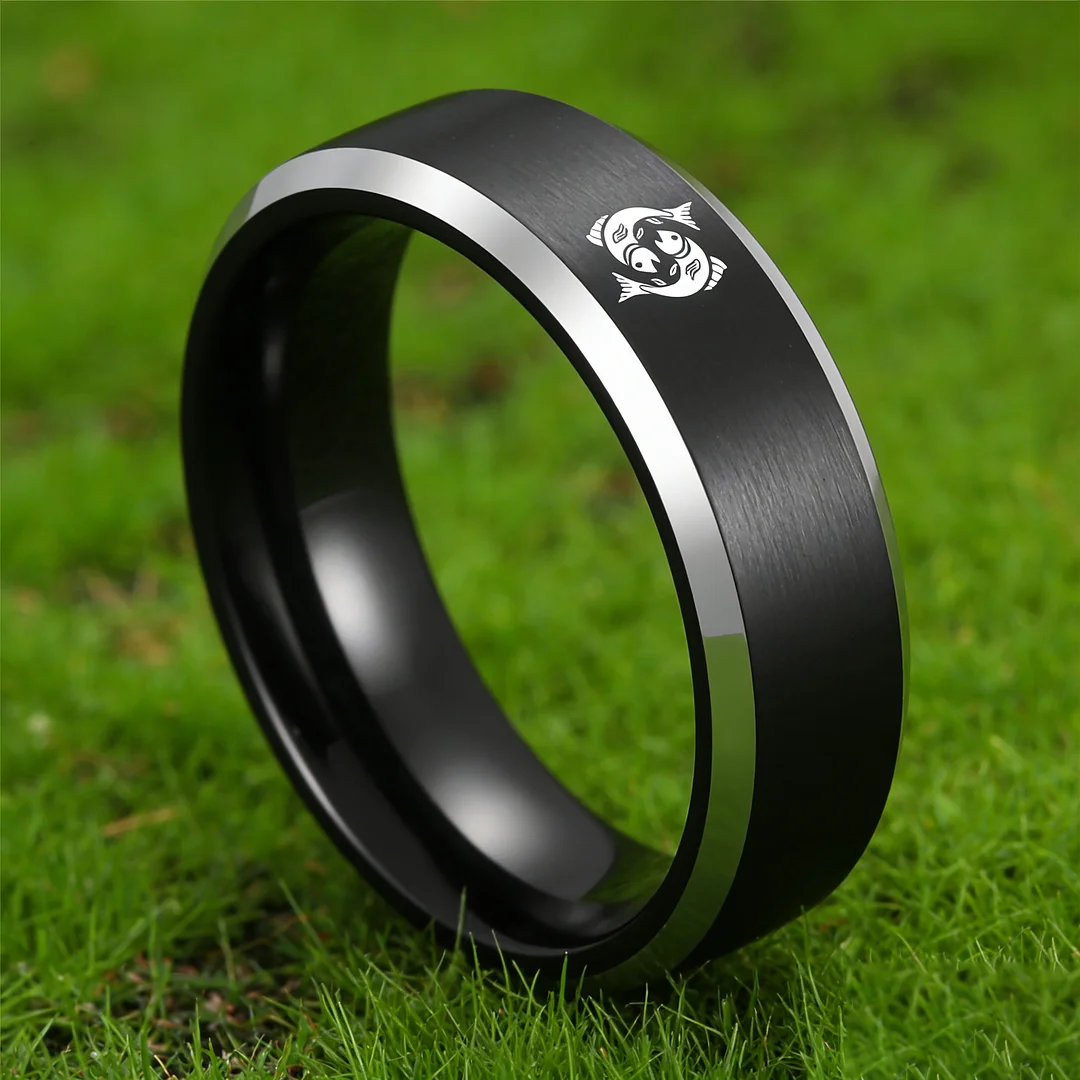Mens Womens Black Pisces Tungsten Carbide Rings Black Edges and Laser Etched Wedding Bands Comfort Fit 4MM 6MM 8MM