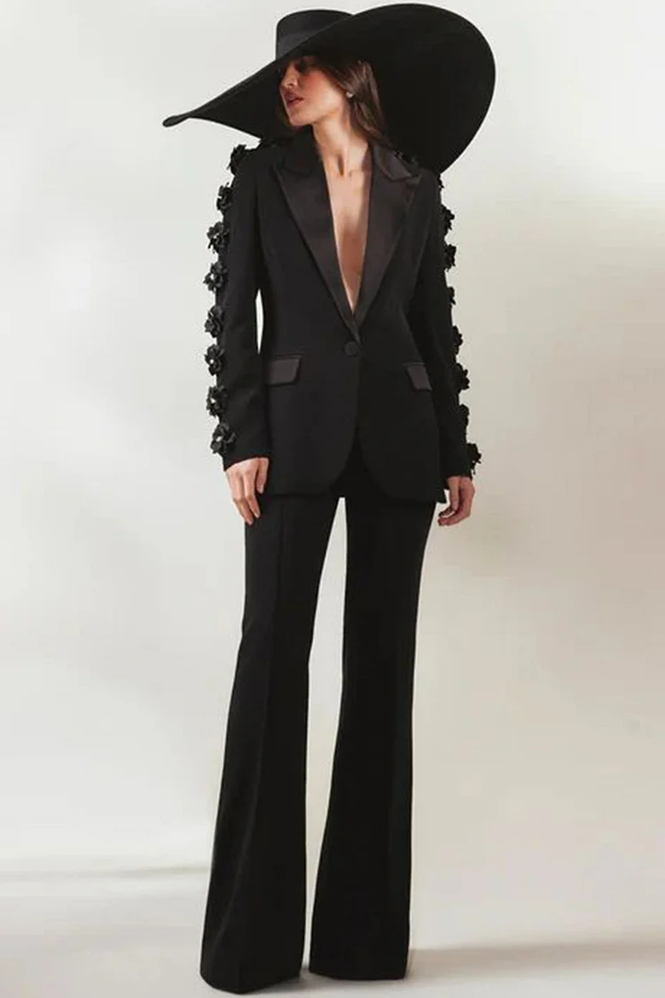 3D Floral Embellished Satin Lapel Two Piece Pant Suit-Black