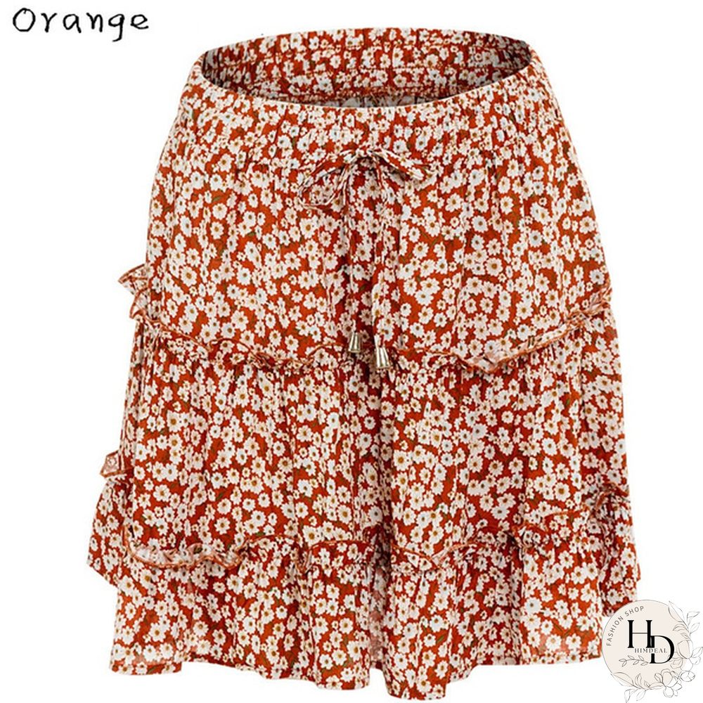 Women Fashion Casual Floral Short Skirts Summer High Waist Pleated Printed Beach Skirt