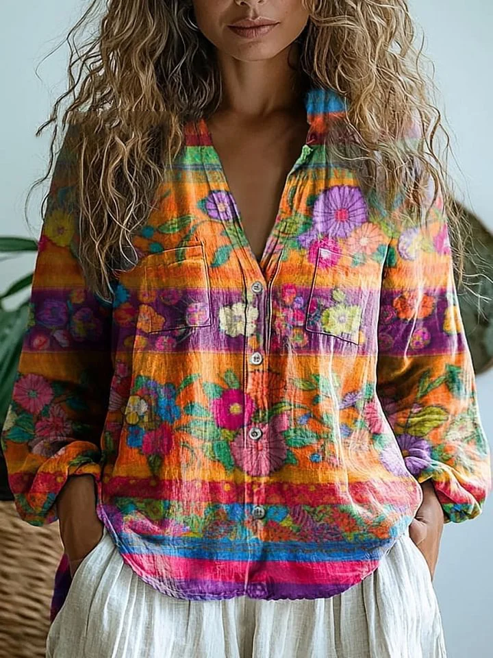 Women's Colorful Floral Pattern Casual Long Sleeve Comfortable Cotton Shirt