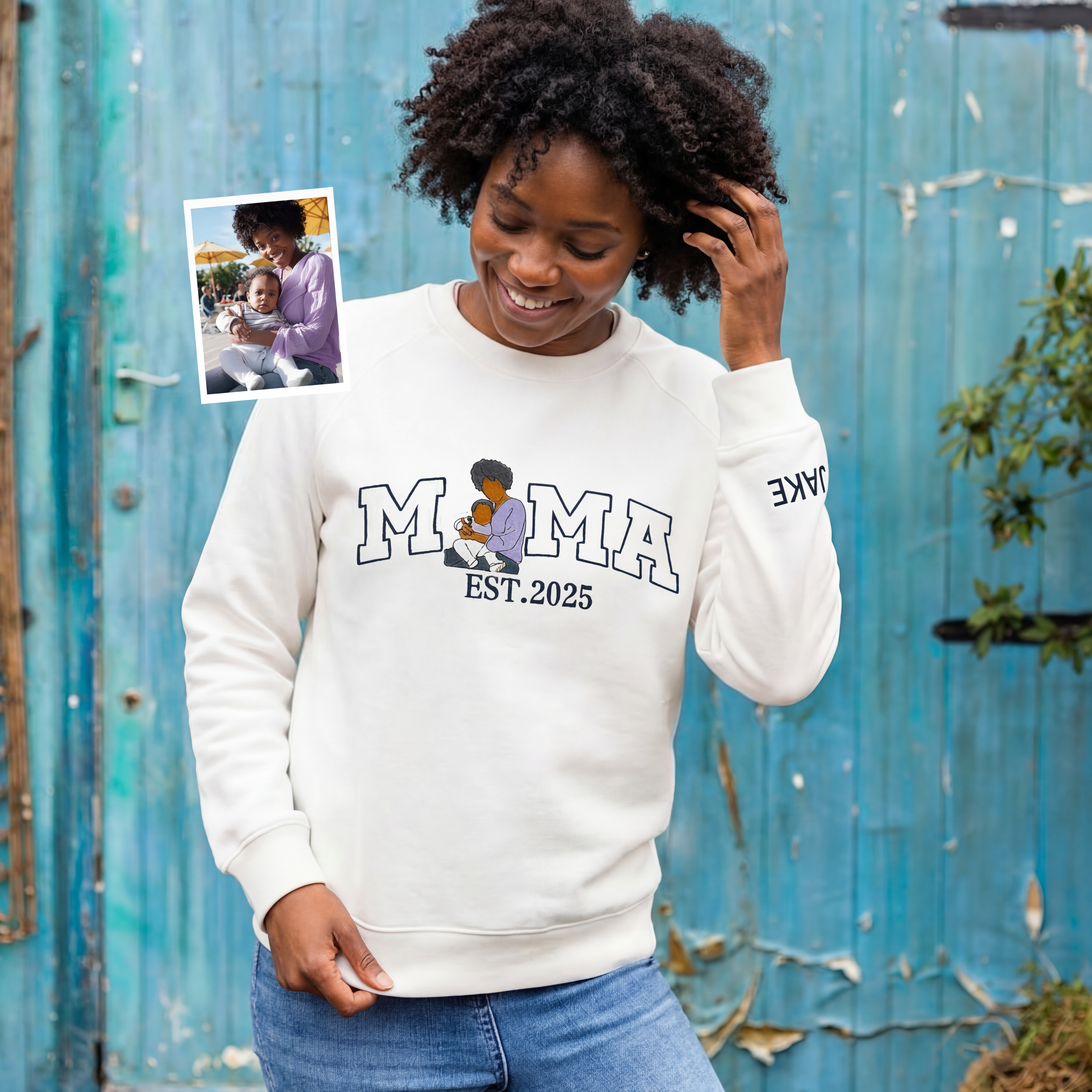 Mama,Mum T-shirt with Photo, Custom Embroidered Sweatshirt Mama and Kids Portrait.