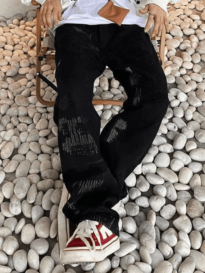 Brownm Men's Stitch Detail Distressed Black Loose Jeans