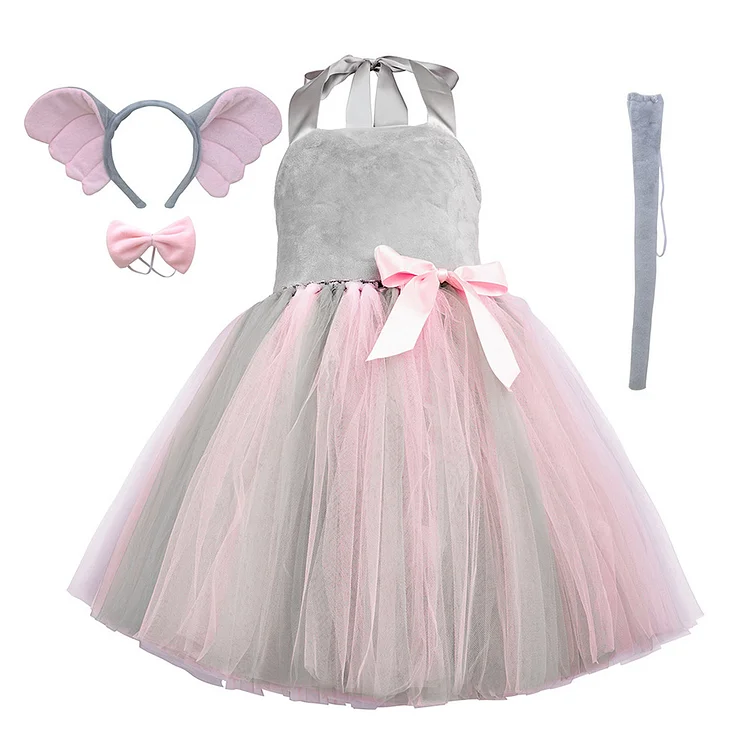 Kids Children Animals Elephant Gray Pink Tutu Dress Outfits Cosplay Costume Halloween Carnival Suit