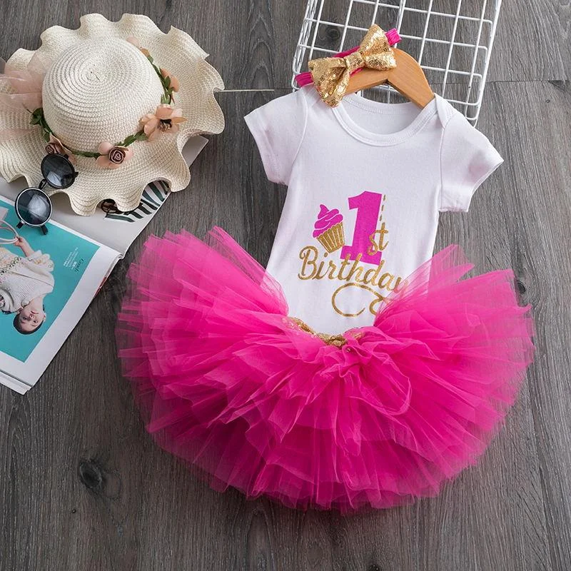 Flower Headband Short Sleeve Top and Tutu Dress Outfits 3pcs for 1 Year Baby Girls First Birthday Party Cotume Newborn Clothes