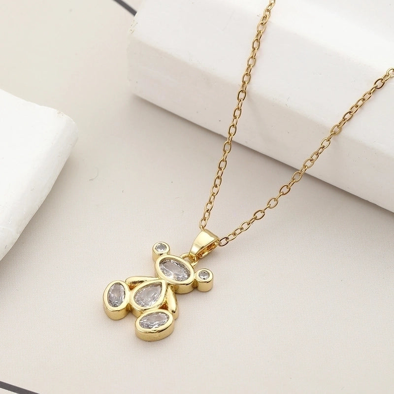 304 Stainless Steel Copper 18K Gold Plated Inlay Bear Zircon Pendant Necklace
