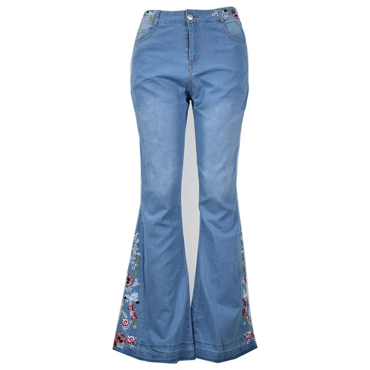 Embroidery Floral Jeans For Women Flares Bell Wide Leg Jeans Vintage Retro Denim Pants