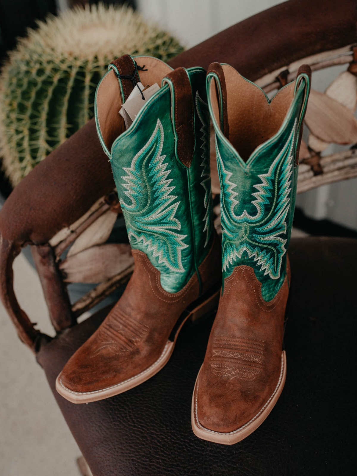 Taafo Contrast Brown And Green Square-Toe Embroidery Wide Mid Calf Cowgirl Boots