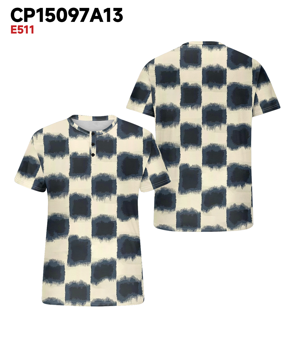 Men's Plus Size Daily Casual Blue Gradient Plaid Print Henry Collar Button Short Sleeve T-Shirt