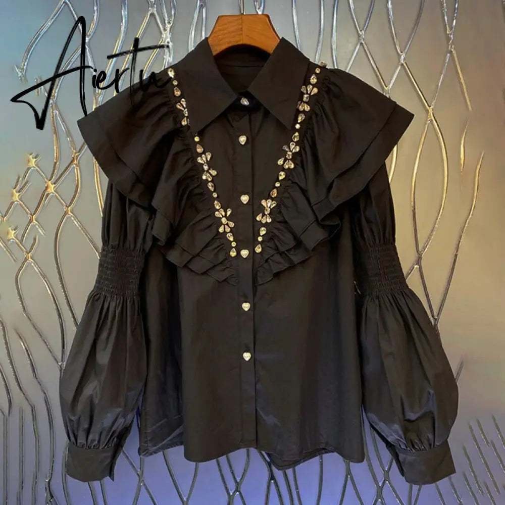 Casual White Shirt For Women Lapel Lantern Sleeve Solid Button Through Blouse Female Korean Fashion Clothing Style Aiertu