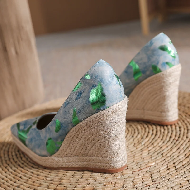 Wongn Wongn And Autumn New Slope Heel Thick Bottom Tip Shallow Mouth High Heel Women's Single Shoes Color Thick Heel Grass Hemp Rope Bottom Large Size