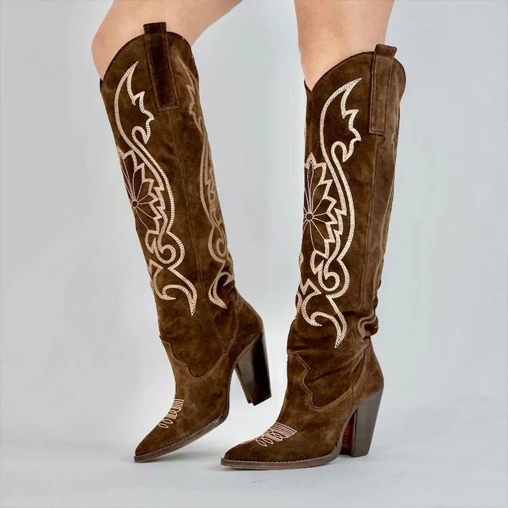 Vegan Suede Pointed Toe Embroidered Knee-High Brown Cowboy Boots