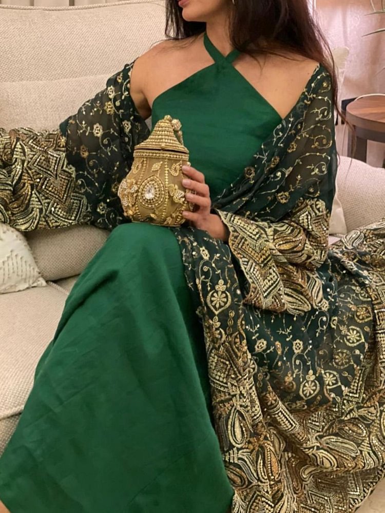 Hanging Neck Off The Shoulder Gown and Shawl Set