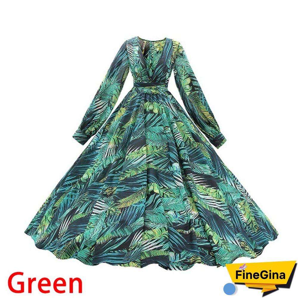 Green Purple Tropical Beach Vintage Maxi Dresses Long Sleeve Dress Boho Casual V Neck Belt Lace Up Tunic Plus Size Dress